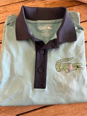 Lacoste Sport Light Blue Polo with Navy Trim & Croc Graphic XS
